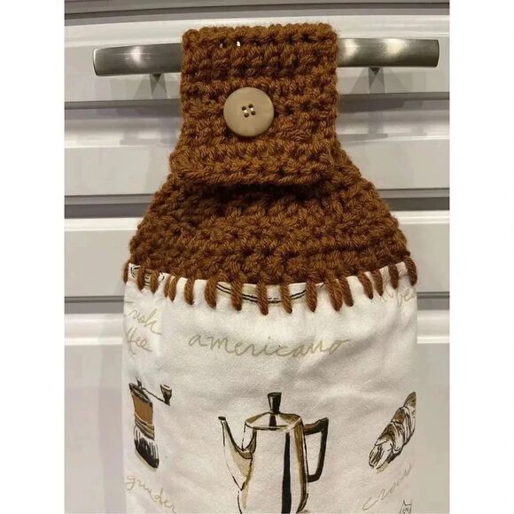 Crochet Top Kitchen Towel- Coffee Themed brown topper - Picture 2 of 3